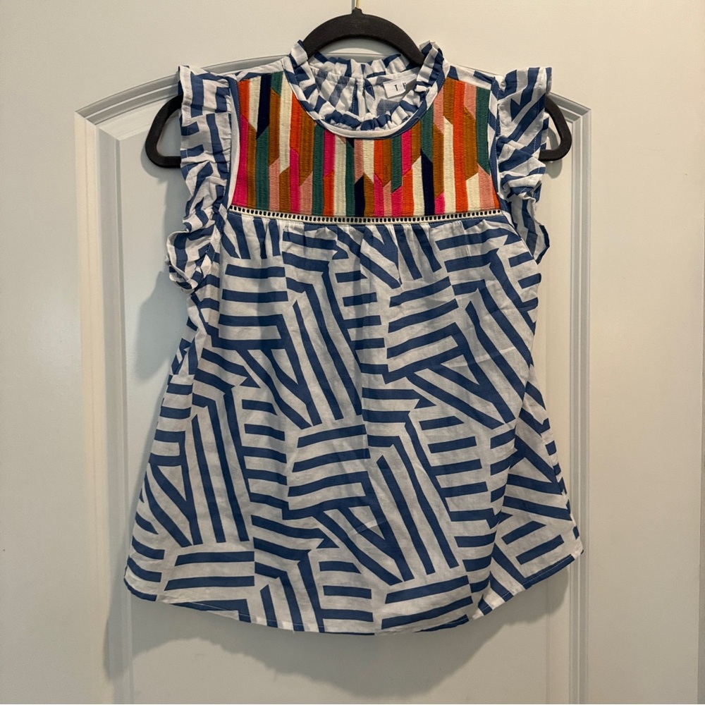 THML sleeveless blue white with colorful embroidery womens shirt XS